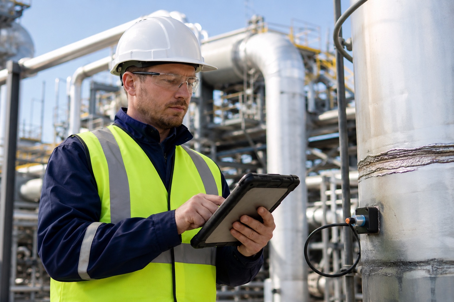 NDT inspector completing a digital inspection report on a tablet at an industrial site