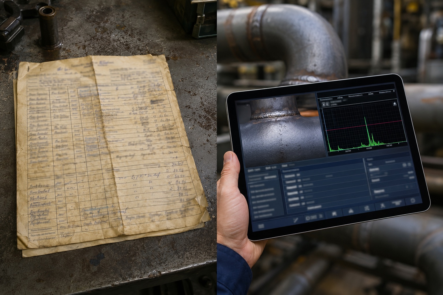 Dated handwritten inspection record beside a digital NDT weld inspection report with an ultrasonic waveform on a tablet