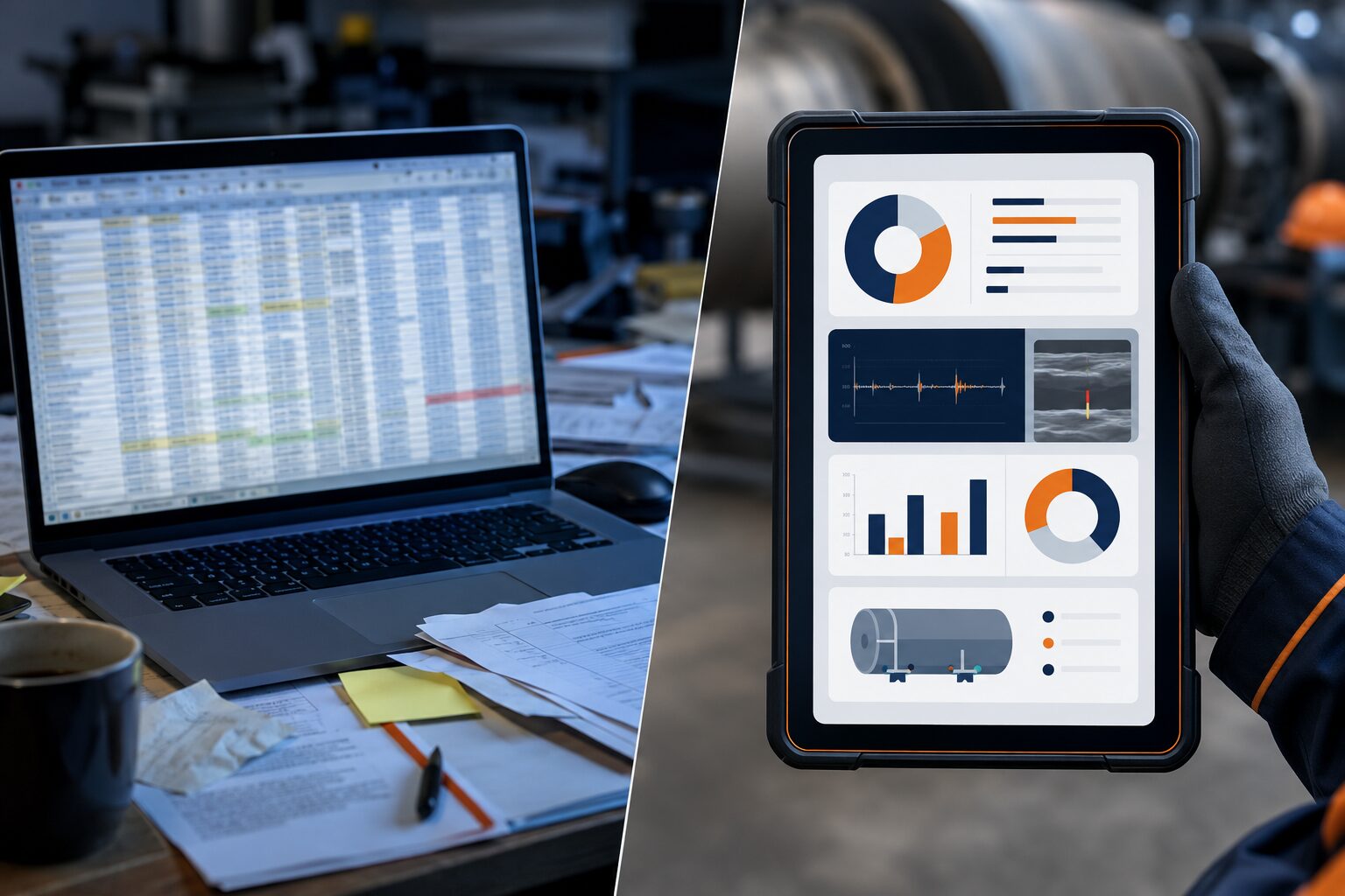Cluttered laptop showing a dense Excel spreadsheet beside a rugged tablet displaying a clean digital NDT inspection dashboard