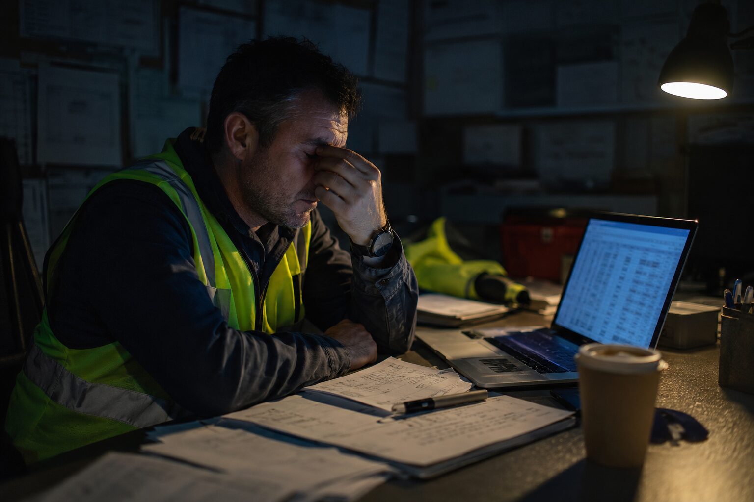 Tired NDT inspector in a high-visibility vest working late at a desk covered in handwritten notes and a laptop spreadsheet