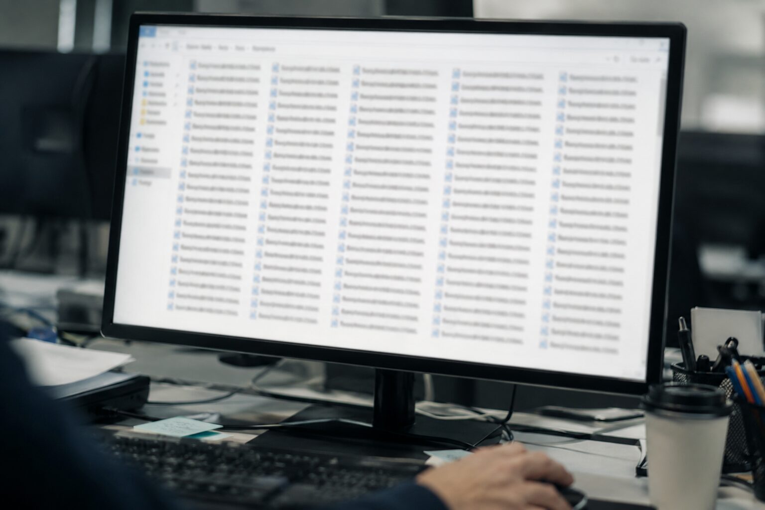 Computer monitor showing a folder crowded with dozens of near-identical inspection spreadsheet files