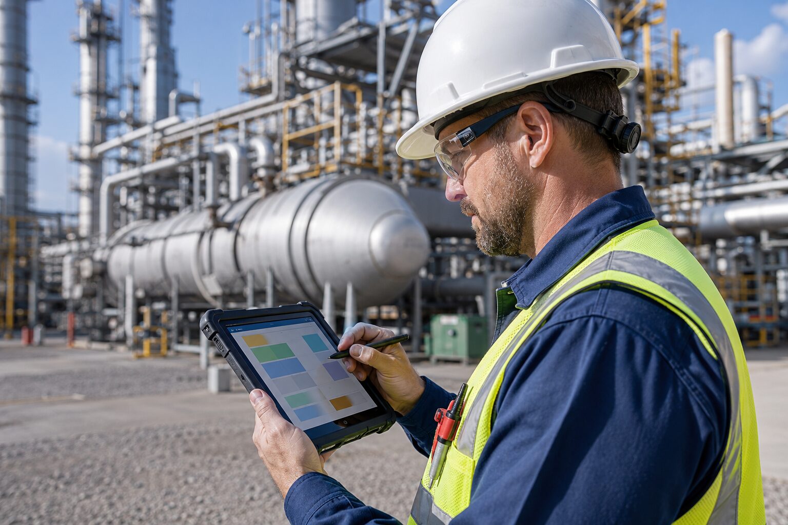 NDT inspector in a hard hat and safety glasses entering inspection data on a rugged tablet at a refinery