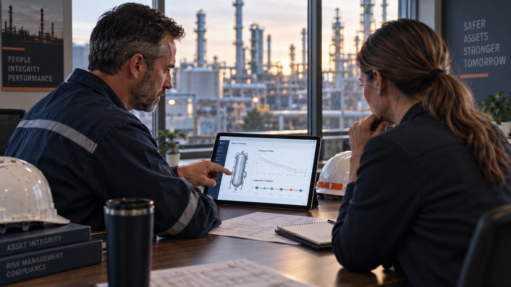 Two plant professionals reviewing an asset overview with thickness trend chart and inspection timeline on a tablet, refinery visible through the window