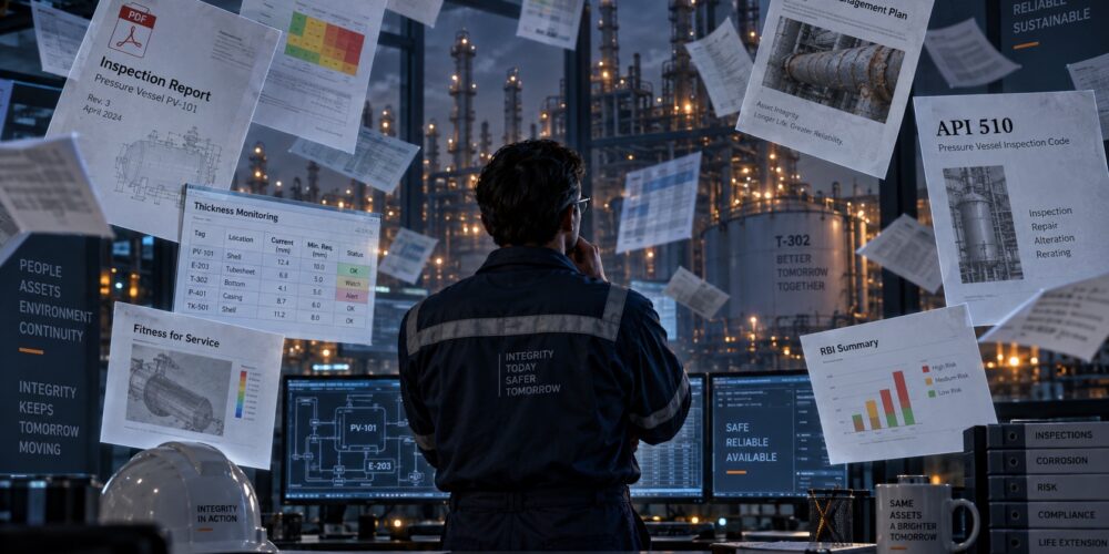 Plant integrity engineer surrounded by floating inspection reports, thickness monitoring tables and API 510 documents in a refinery control room
