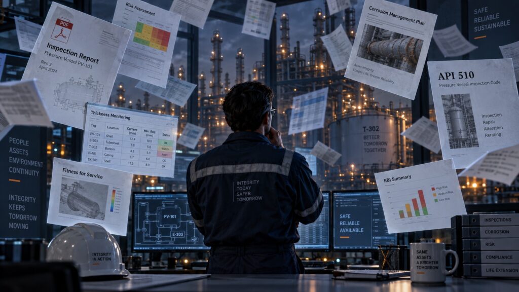 Plant integrity engineer surrounded by floating inspection reports, thickness monitoring tables and API 510 documents in a refinery control room