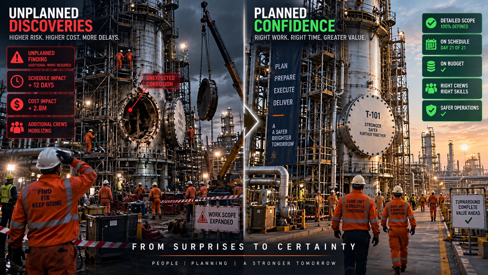 Split image contrasting an unplanned turnaround discovery with schedule and cost impact against a planned, on-schedule turnaround at a refinery