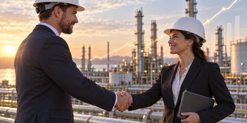 Two NDT company leaders shake hands at a refinery beneath an upward-trending growth graph, symbolizing a successful acquisition