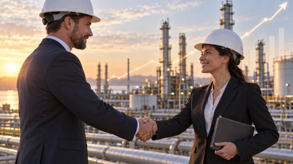 Two NDT company leaders shake hands at a refinery beneath an upward-trending growth graph, symbolizing a successful acquisition
