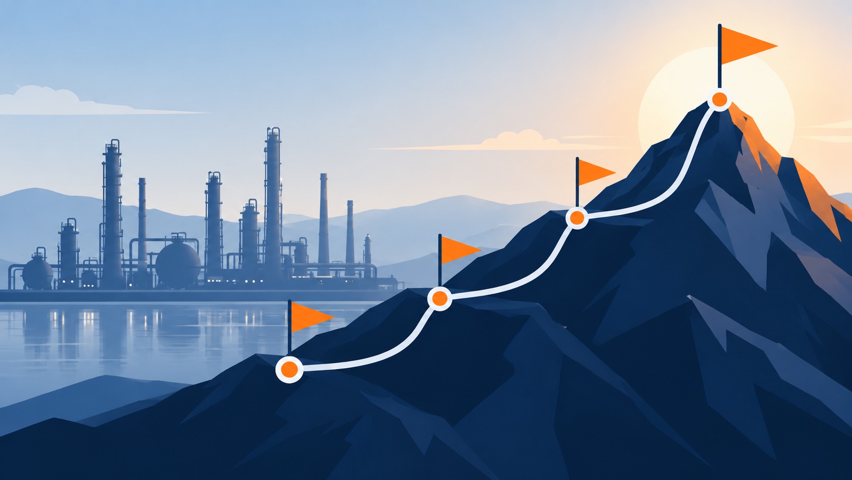 Illustrated roadmap climbing a mountain with four milestone flags to a summit over a refinery skyline, representing the path to acquisition readiness
