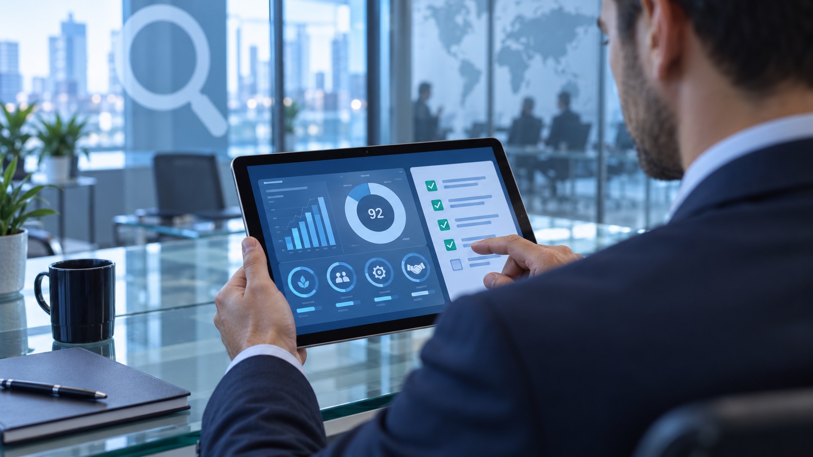 Acquirer reviewing a company scorecard and due-diligence checklist on a tablet in a glass boardroom