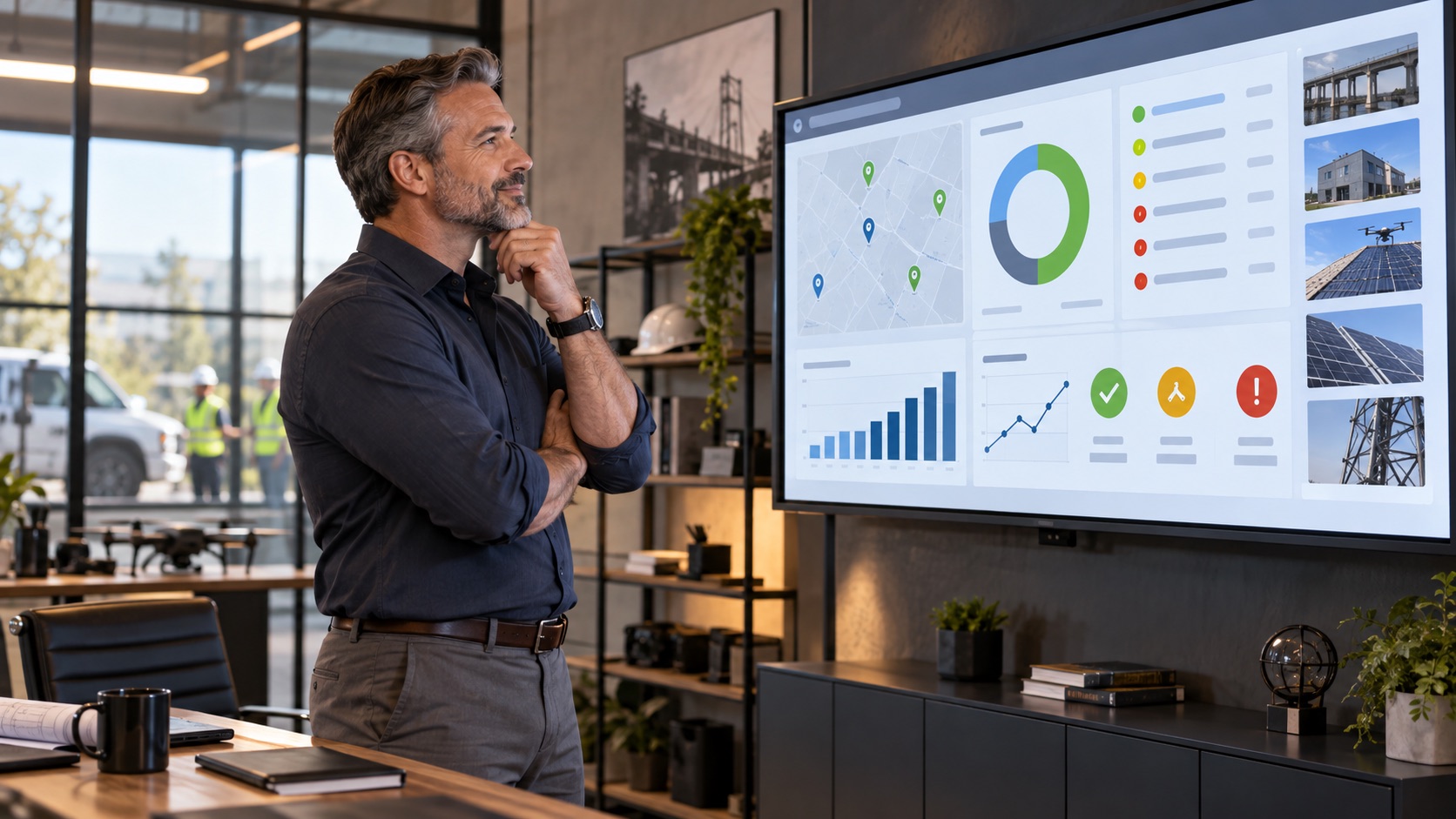 NDT company owner reviewing a live operations dashboard on a large wall monitor in a modern office