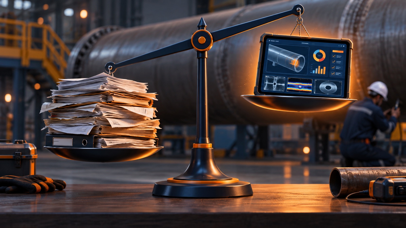 Balance scale weighing a stack of paper inspection records against a digital NDT dashboard, which sits higher and is valued more